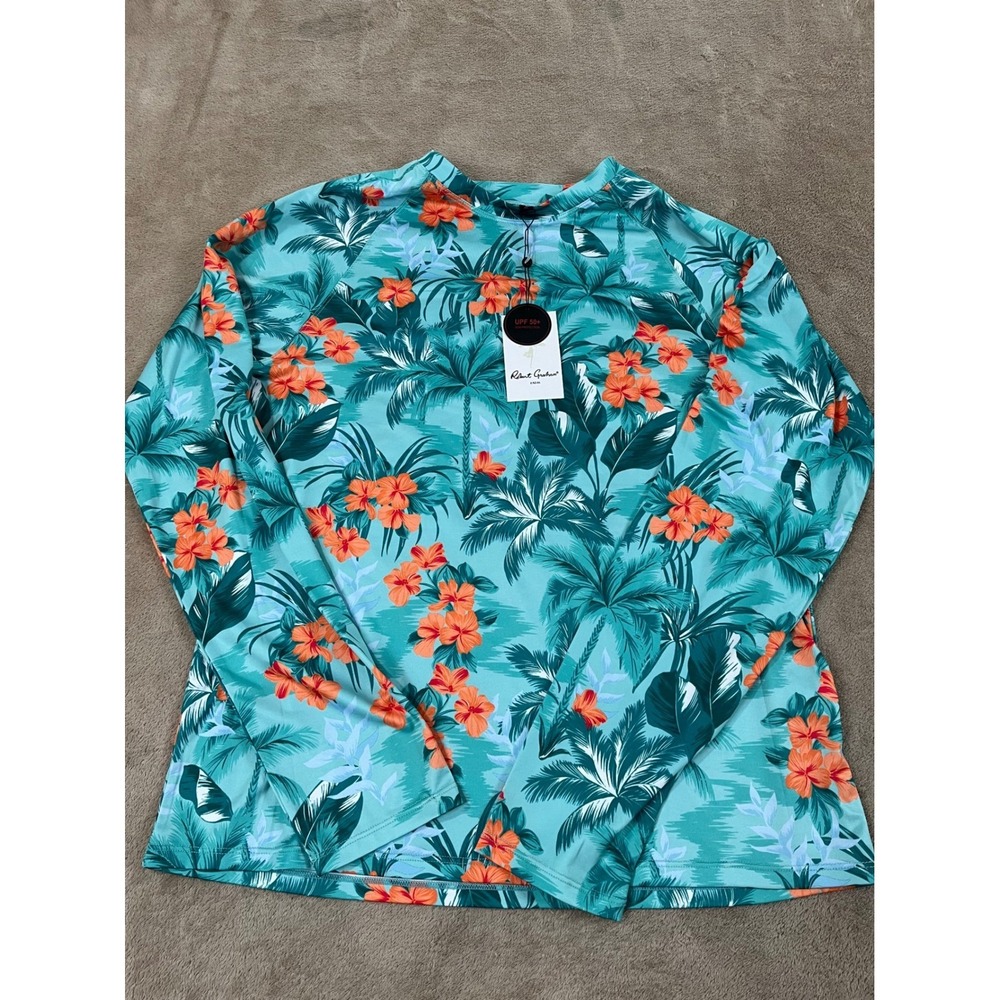 Robert Graham Rash Guard Swim Shirt Men's M Green Polyester Long Sleeve NEW